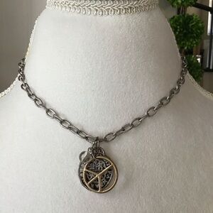 Peace Sign Charm Necklace Silver Tone Oval Link Chain Old Coin Bead Adjusts NEW